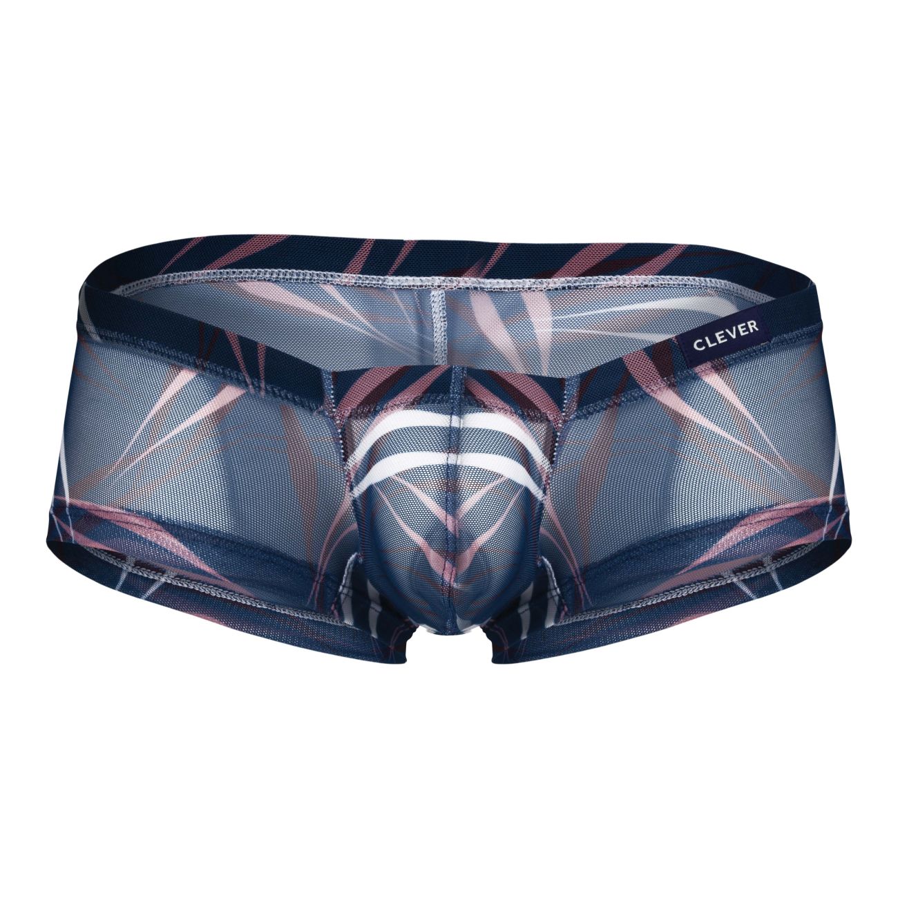 Clever men’s underwear trunks with sheer geometric pattern in navy blue pink and white from clever 229948 3pk australian latin trunks gray green blue