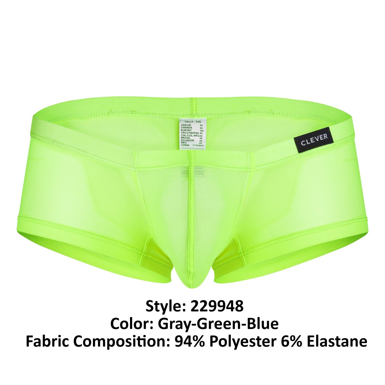 Bright neon green sheer men’s briefs with black clever label on waistband from clever 229948 3pk australian latin trunks