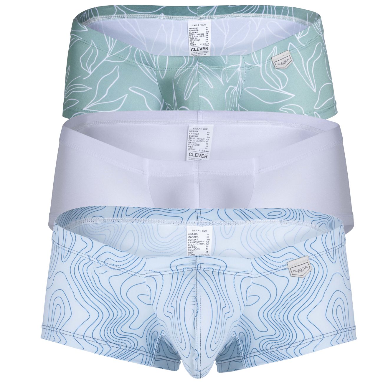 Set of three clever men’s briefs in mint green leaf, solid white, and blue topographic line designs for everyday wear