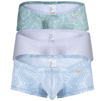 Set of three clever men’s briefs in mint green leaf, solid white, and blue topographic line designs for everyday wear