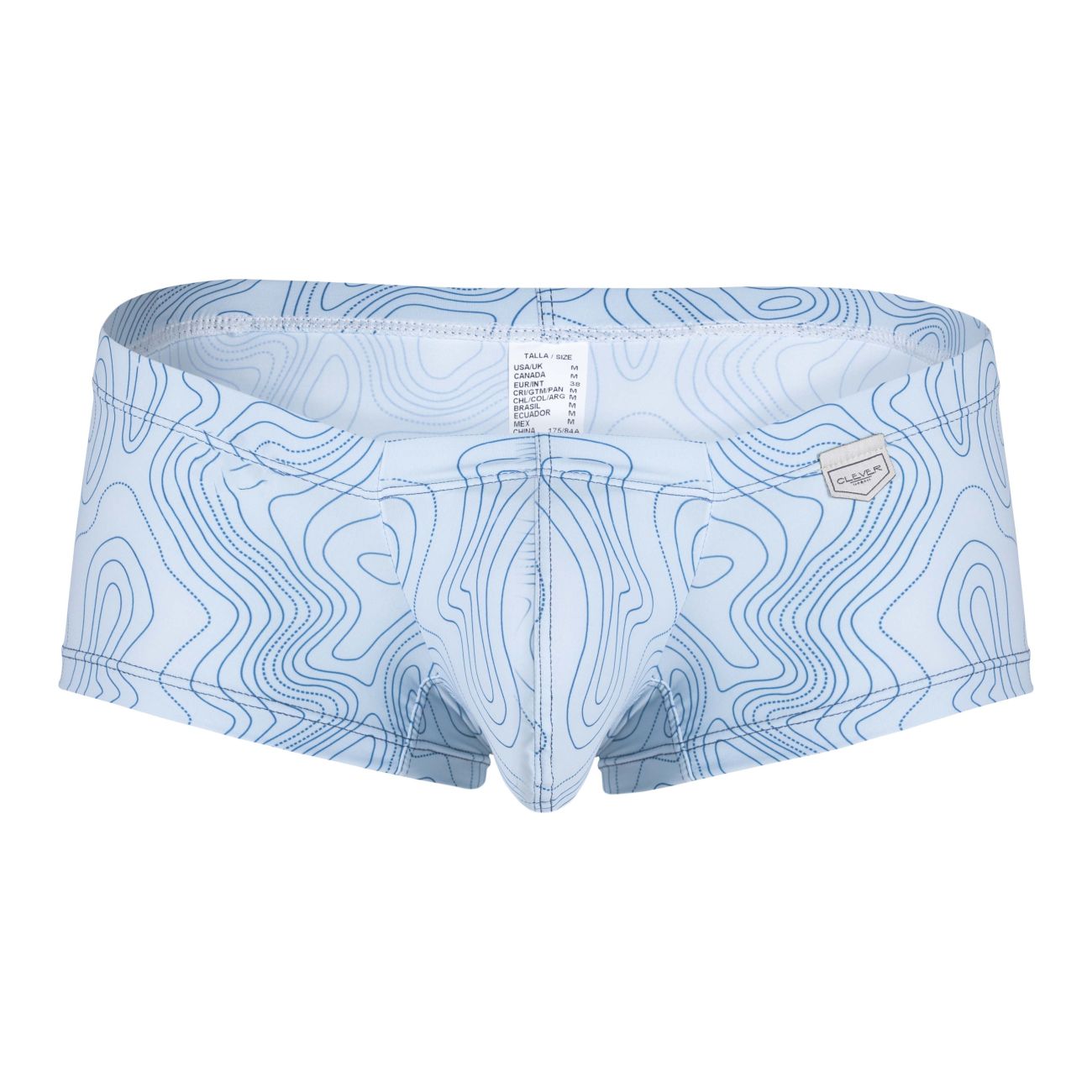 Light blue Clever 229951 Australian Latin swim trunks with darker blue topographic map pattern in a three-pack set