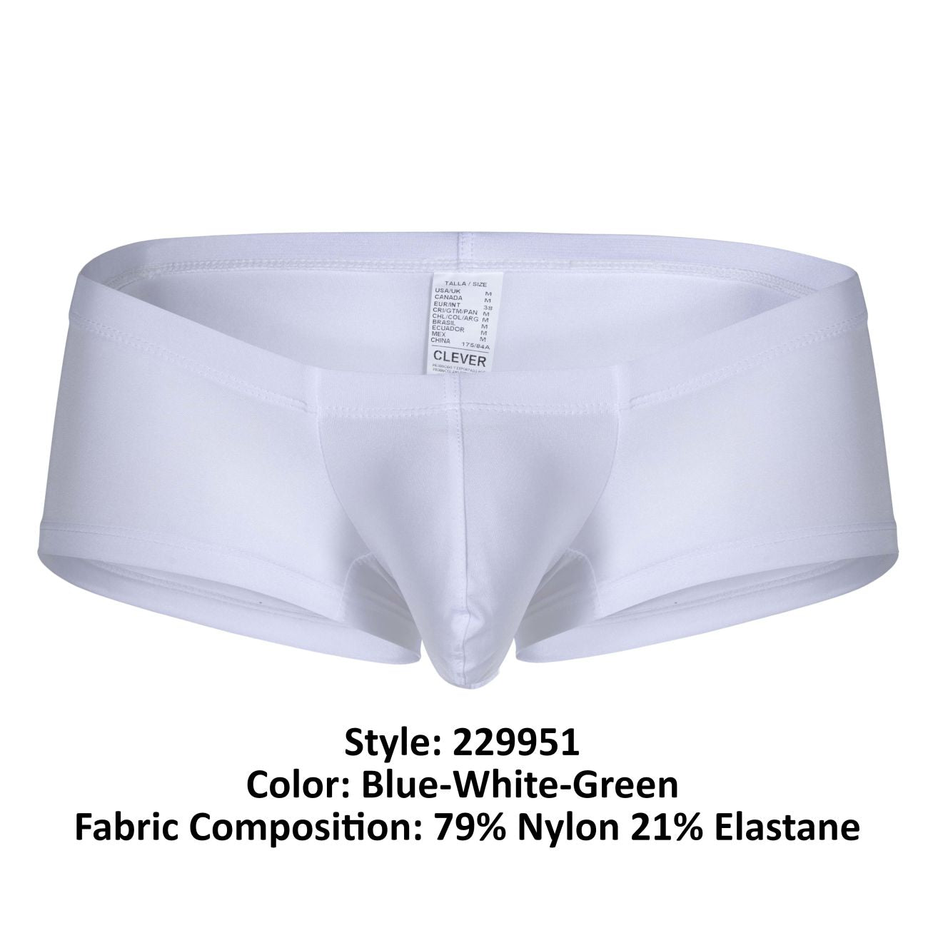 White men’s briefs clever 229951 in blue white green made of 79% nylon and 21% elastane fabric