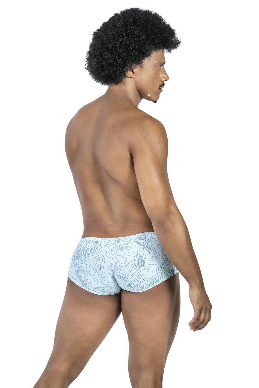 Light blue clever 229951 swim trunks with subtle topographic map pattern in blue white green for australian latin use