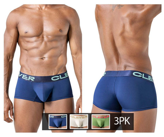 Blue men’s boxer briefs with a light green clever waistband part of clever 229953 3pk australian latin trunks set