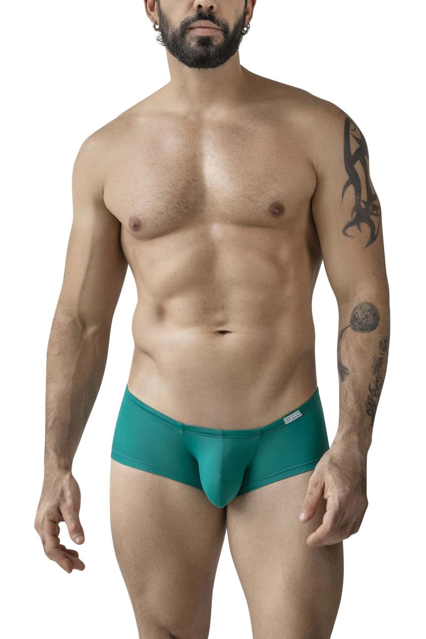 Teal-colored men’s briefs with a snug fit and small brand tag on the waistband from clever 229956 12pk trunks