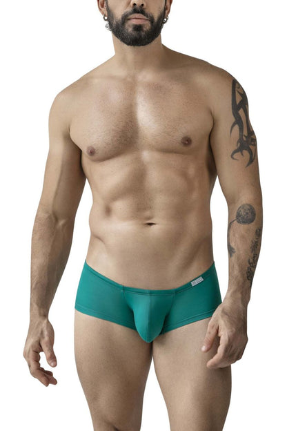Teal-colored men’s briefs with a snug fit and small brand tag on the waistband from clever 229956 12pk trunks