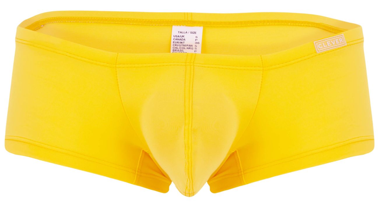 Bright yellow clever 229956 men’s briefs with molded pouch and small brand label on waistband from multi-colored pack