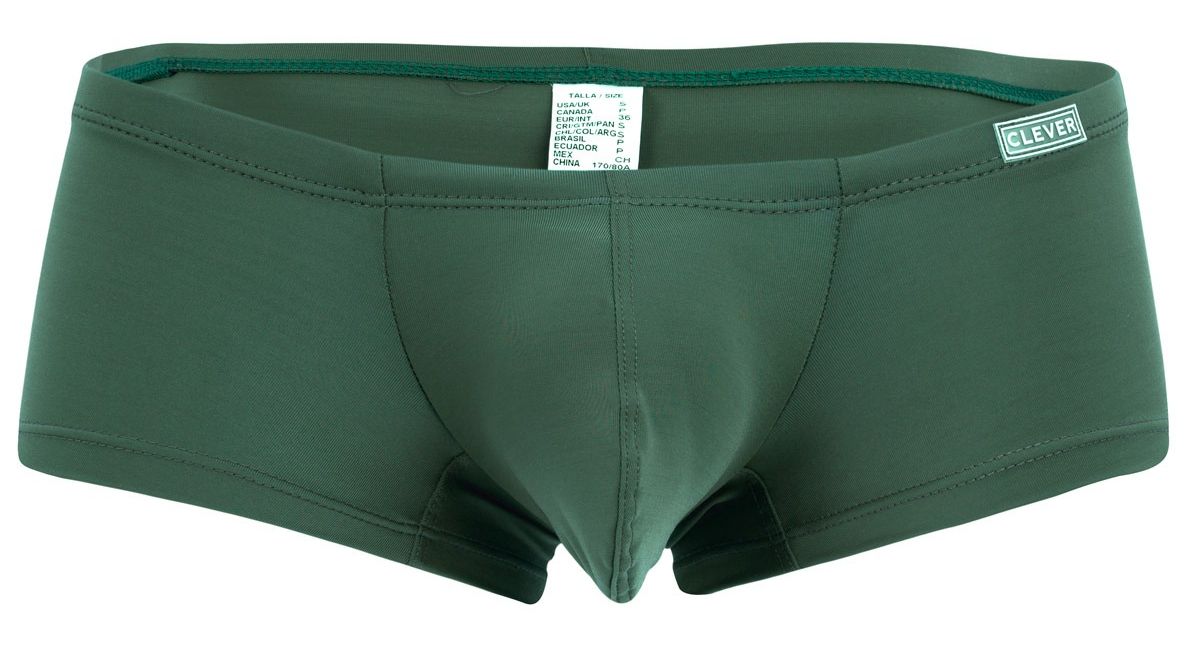 Dark green form-fitting swim trunks with subtle seams and clever logo on waistband from clever 229956 12pk australian latin trunks collection