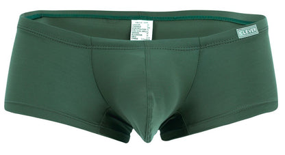 Dark green form-fitting swim trunks with subtle seams and clever logo on waistband from clever 229956 12pk australian latin trunks collection