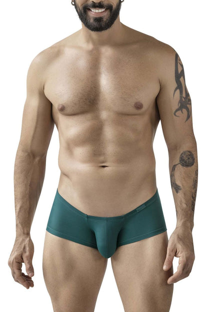 Teal form-fitting clever men’s briefs with smooth stretchy fabric and subtle brand tag on waistband multi-colored trunks