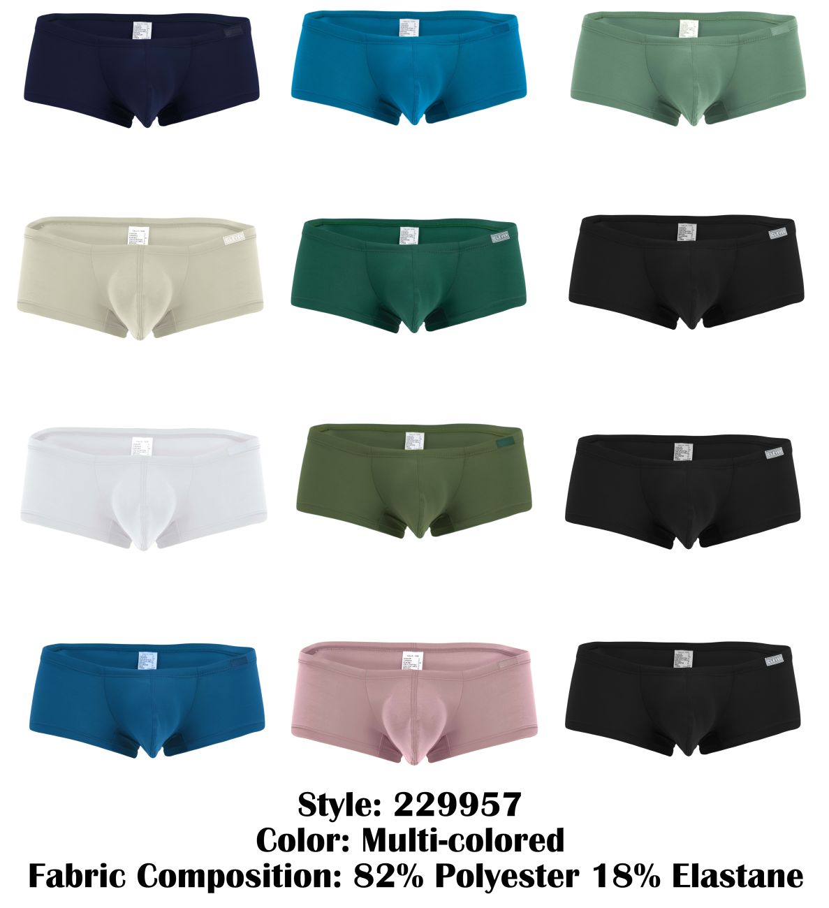 Multi-colored clever 229957 12pk australian latin trunks in solid navy teal olive beige dark green white and pink briefs