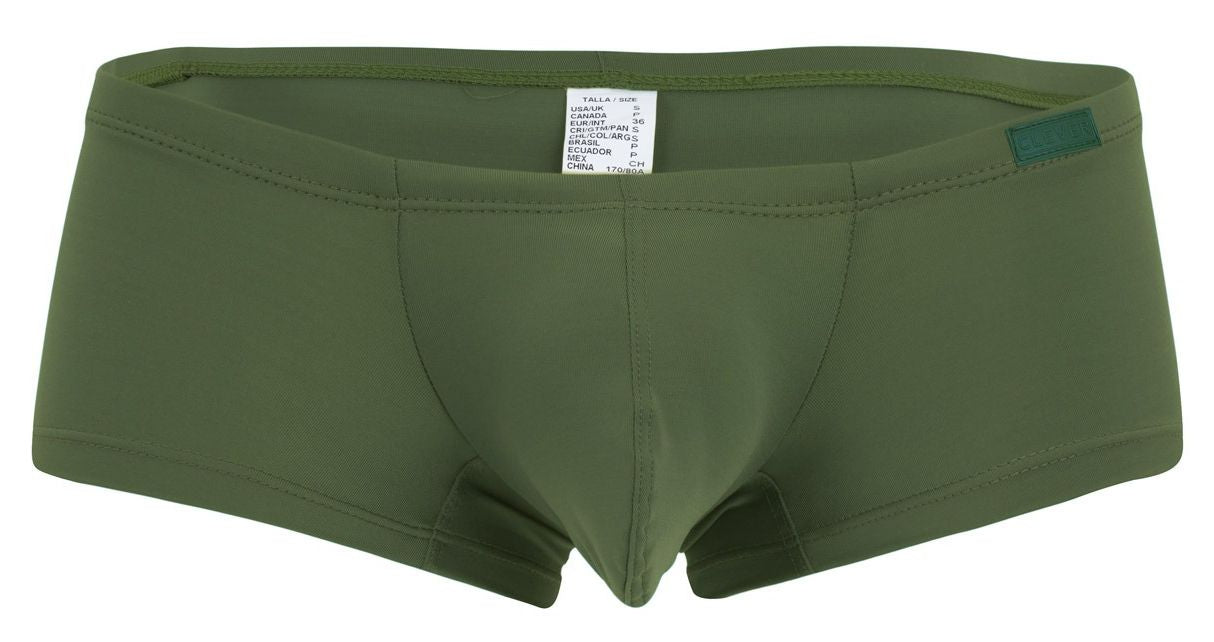 Olive green clever 229957 australian latin trunks with smooth stretchy fabric and small teal tag on waistband