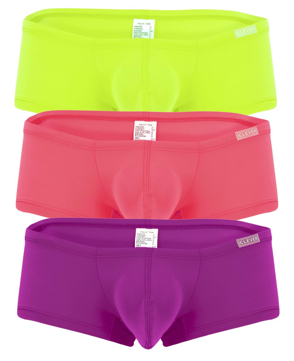 Three pairs of clever 229958 australian latin trunks in lime green coral pink and purple with elastic waistbands
