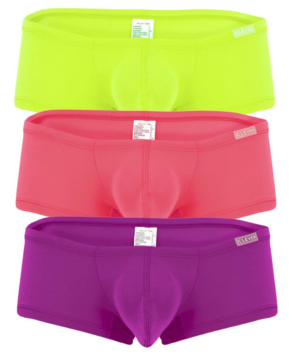 Three pairs of clever 229958 australian latin trunks in lime green coral pink and purple with elastic waistbands