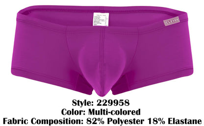 Purple men’s briefs with supportive contoured design and clever brand label on waistband multi-colored trunks
