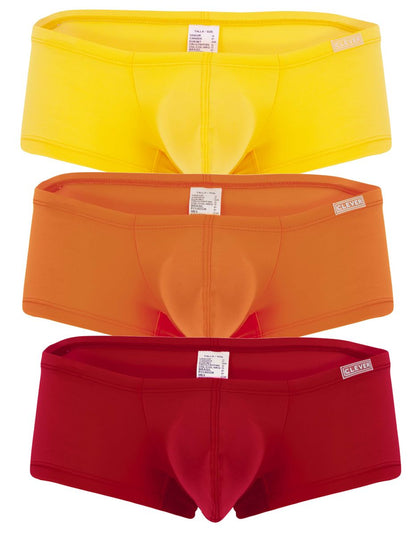 Three pairs of clever 229959 australian latin trunks in yellow orange and red form-fitting boxer briefs multicolored