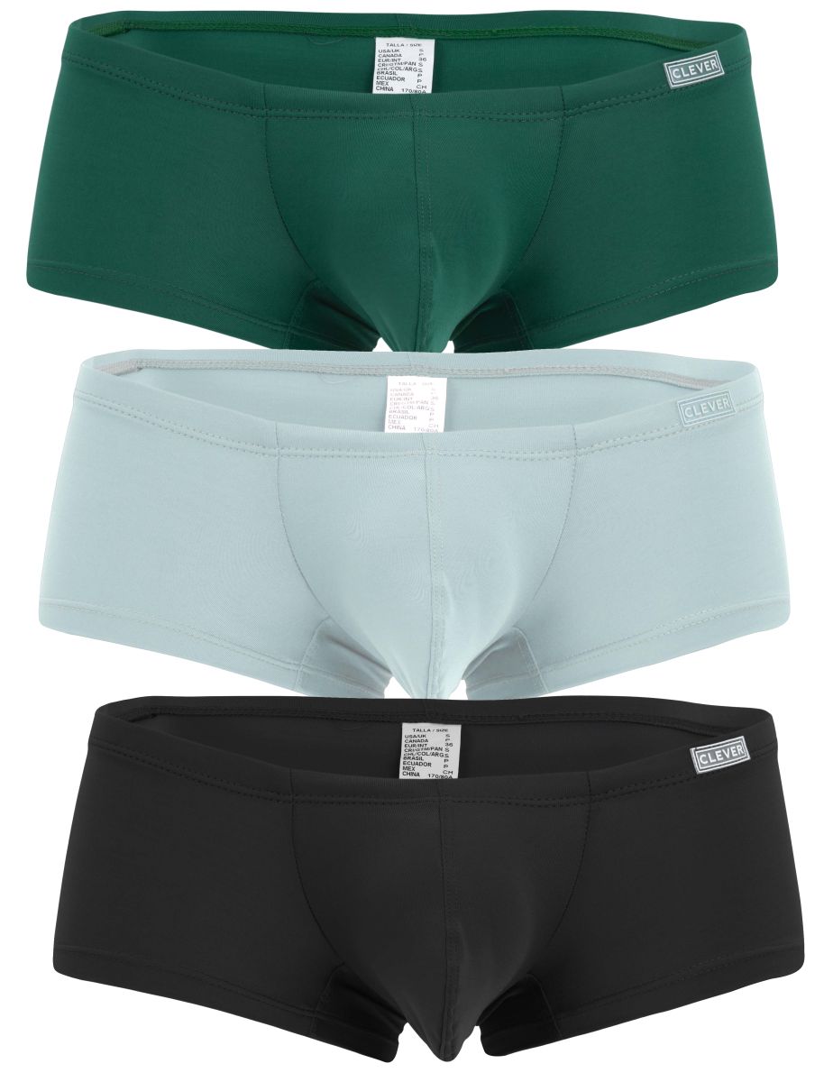 Three pairs of clever brand australian latin trunks in solid green light blue and black multi-colored briefs