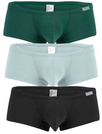 Three pairs of clever brand australian latin trunks in solid green light blue and black multi-colored briefs