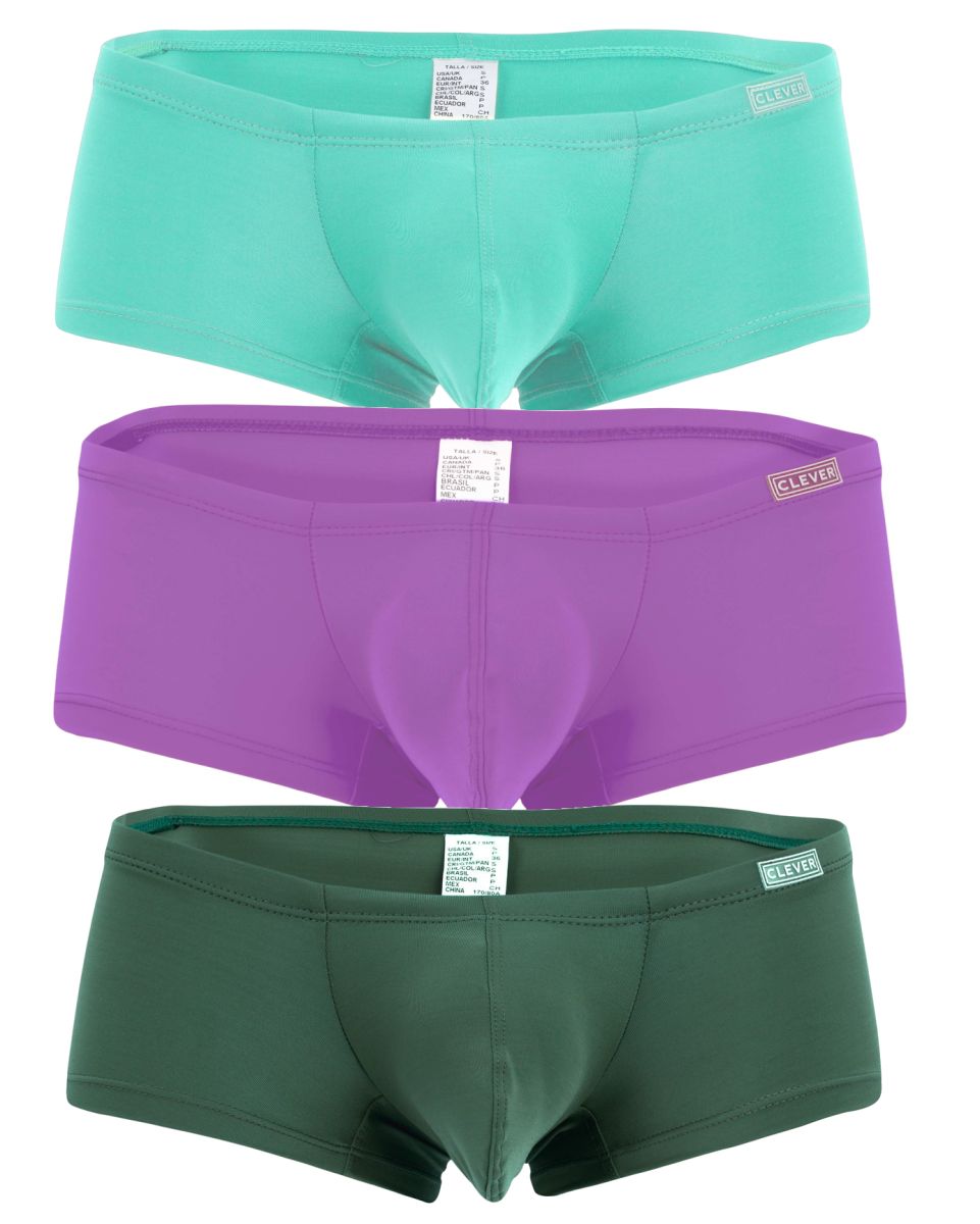 Three pairs of clever brand men’s briefs in solid teal purple and dark green australian latin trunks multi-colored pack
