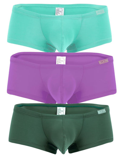 Three pairs of clever brand men’s briefs in solid teal purple and dark green australian latin trunks multi-colored pack