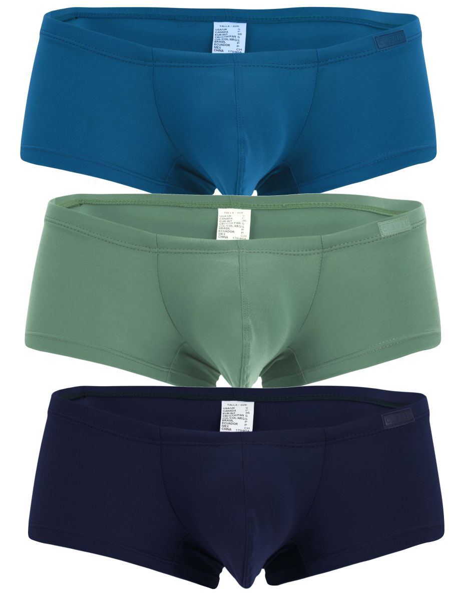 Three pairs of clever 229962 australian latin trunks in solid blue olive green and navy blue colors