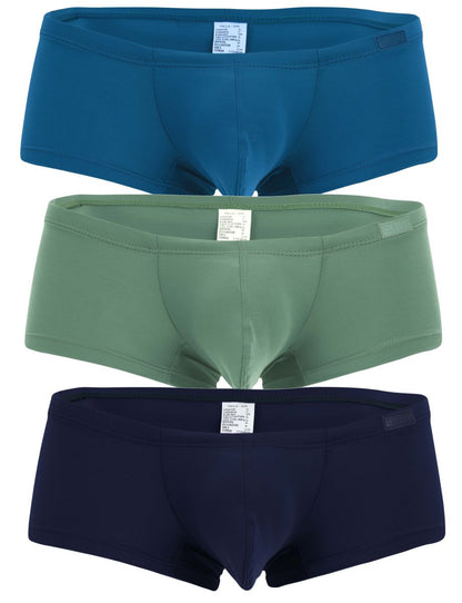 Three pairs of clever 229962 australian latin trunks in solid blue olive green and navy blue colors