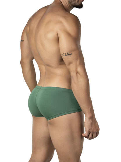 A pair of olive green clever 26066 form-fitting briefs made of smooth stretchy fabric with a minimalist design