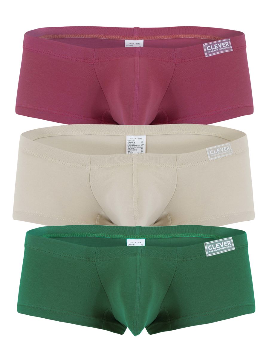 Set of three clever brand australian latin trunks in maroon beige and green multicolored briefs