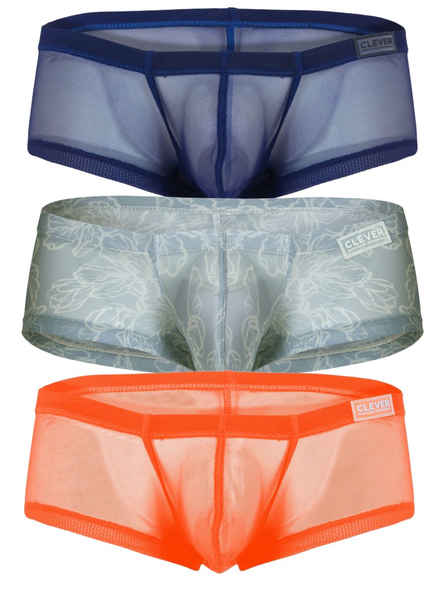 Clever 26067 3pk australian latin trunks featuring sheer mesh briefs in navy blue light gray floral and bright orange