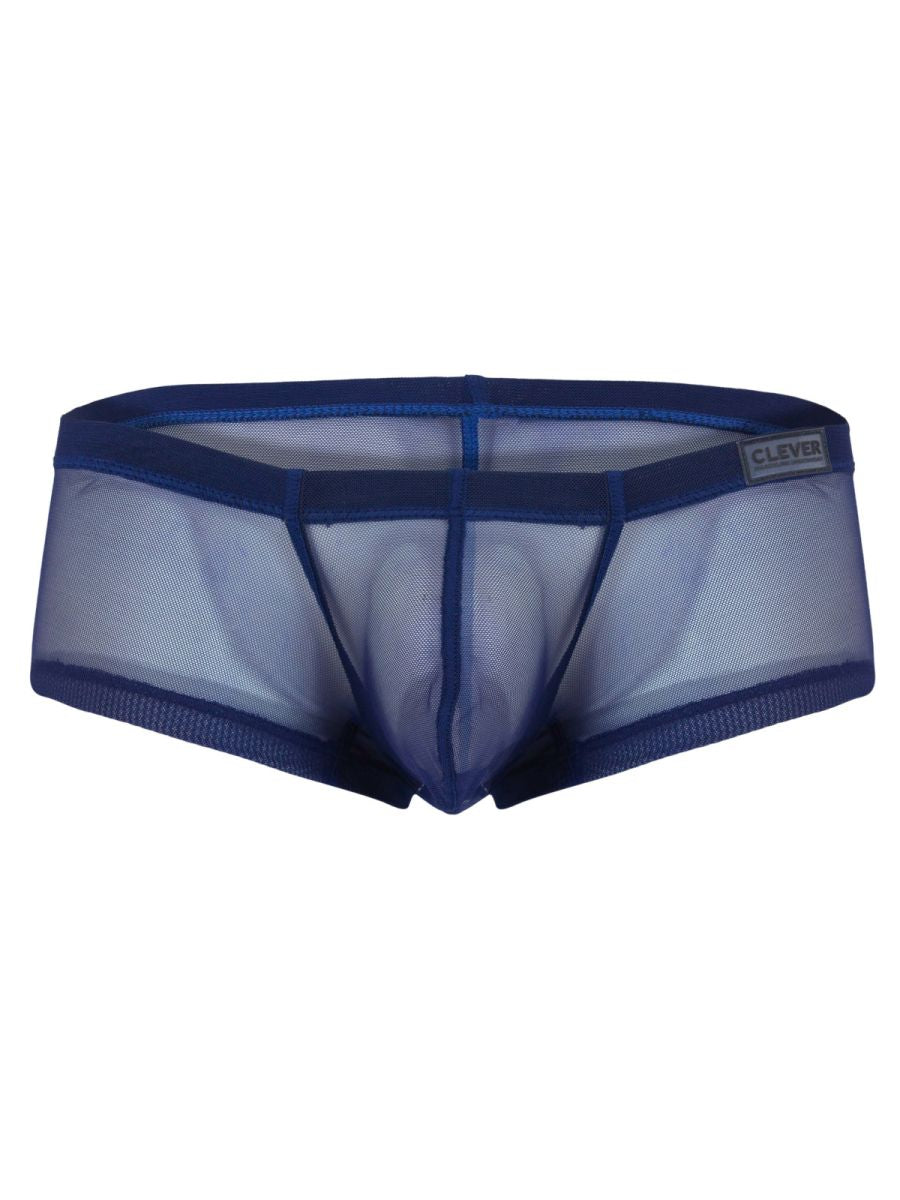 Blue sheer mesh men’s underwear with solid blue waistband and clever brand label from 26067 3pk australian latin trunks