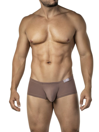 Tan-colored clever 26068 men’s form-fitting briefs with smooth fabric and small brand tag on the waistband