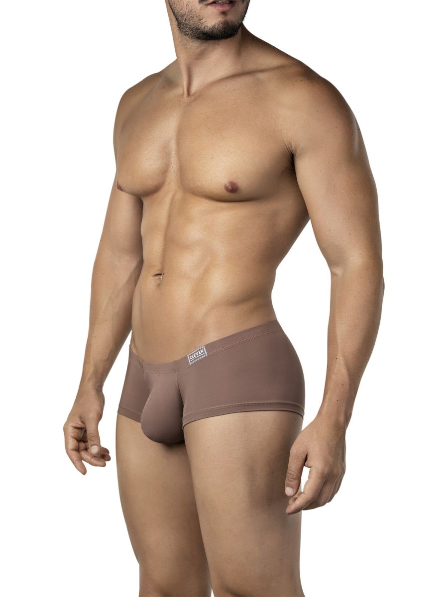 Tan-colored form-fitting men’s briefs with a subtle clever logo on the waistband from the clever 26068 3pk australian latin trunks multi-colored set