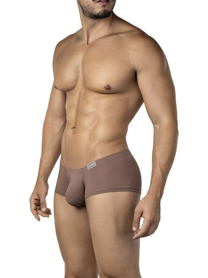 Tan-colored form-fitting men’s briefs with a subtle clever logo on the waistband from the clever 26068 3pk australian latin trunks multi-colored set
