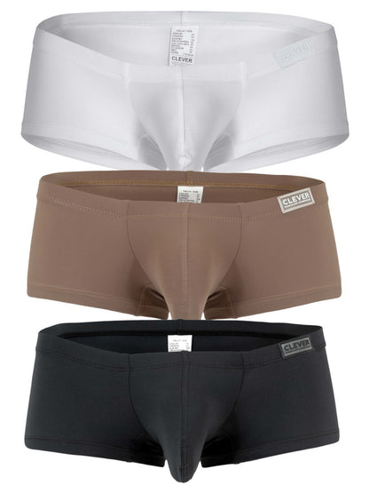 Three pairs of clever brand men’s briefs in white beige and black australian latin trunks for comfortable wear