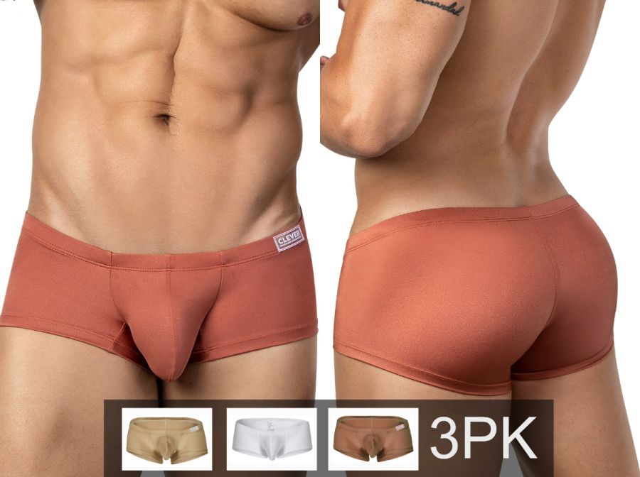 Copper-colored form-fitting men’s briefs with a subtle brand tag on the waistband from clever 26069 3PK trunks