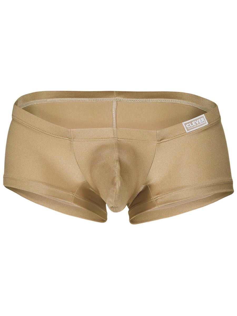Tan-colored form-fitting men’s briefs with smooth fabric and clever brand label on waistband from clever 26069 3pk trunks