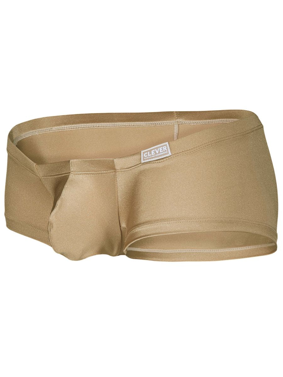 Tan-colored stretchy fabric briefs with sleek design and clever brand label on waistband from clever 26069 3pk trunks