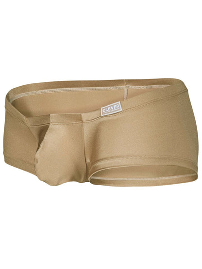 Tan-colored stretchy fabric briefs with sleek design and clever brand label on waistband from clever 26069 3pk trunks