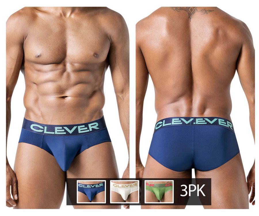 Navy blue Clever 519968 3PK Australian Latin briefs with a teal logo band in beige blue green colors