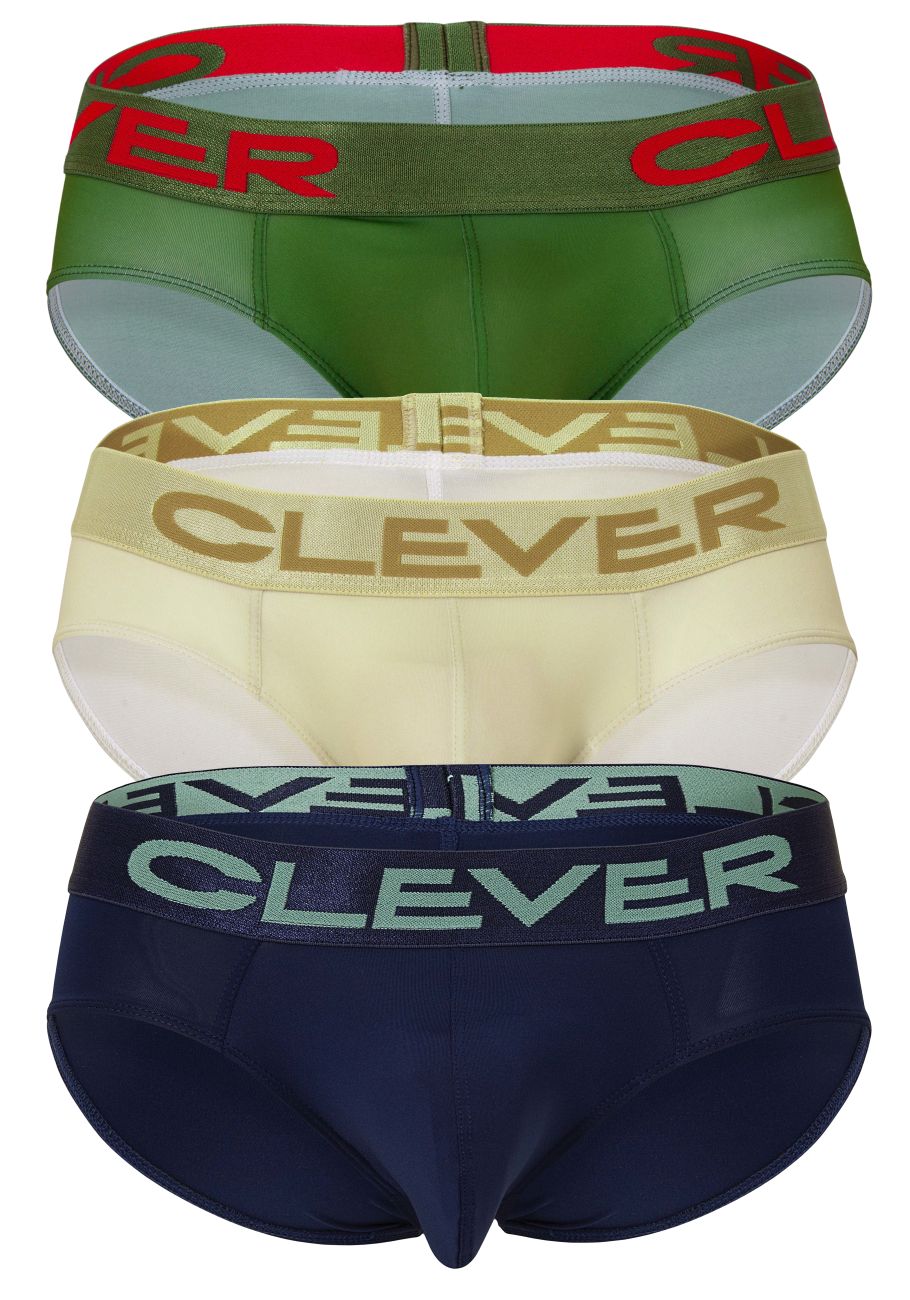 Three pairs of clever 519968 australian latin briefs in beige blue and green with matching logo elastic waistbands