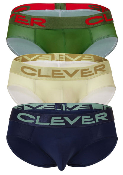 Three pairs of clever 519968 australian latin briefs in beige blue and green with matching logo elastic waistbands