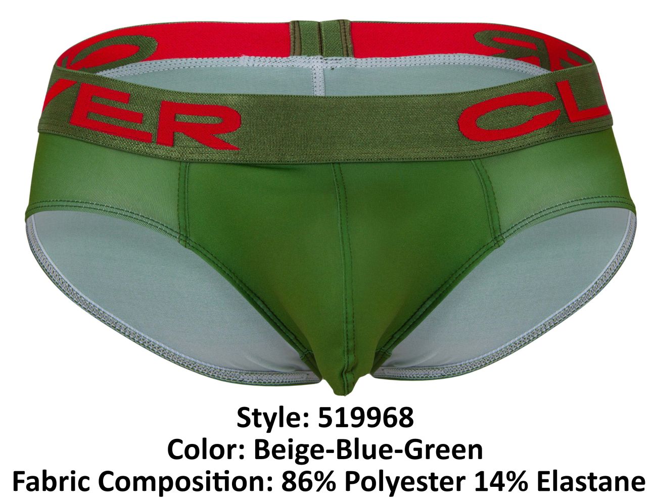 Green and beige clever australian latin briefs with red logo band in a 3 pack featuring beige blue and green colors