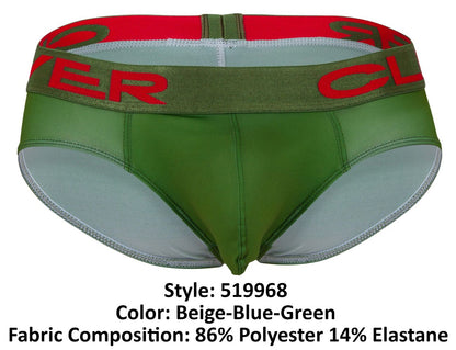 Green and beige clever australian latin briefs with red logo band in a 3 pack featuring beige blue and green colors