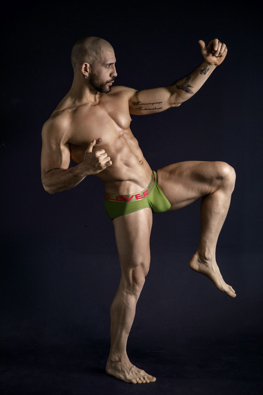 Green clever boxer briefs with red ever branding from a 3pk australian latin briefs set in beige blue and green colors