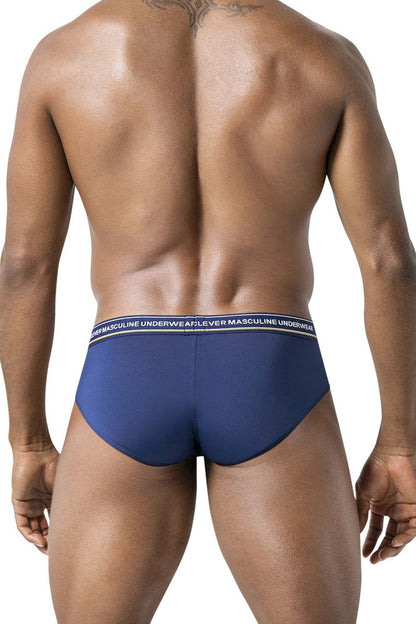 Navy blue clever 519969 mens briefs with white waistband featuring black masculine underwear text from australian 3pk set