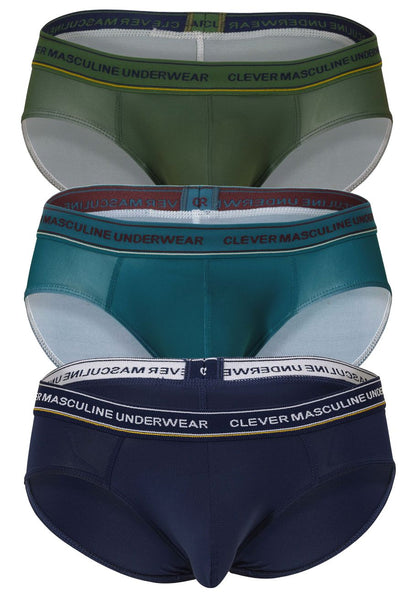 Three-pack of clever australian latin briefs in blue petrol and green with contrasting branded elastic waistbands