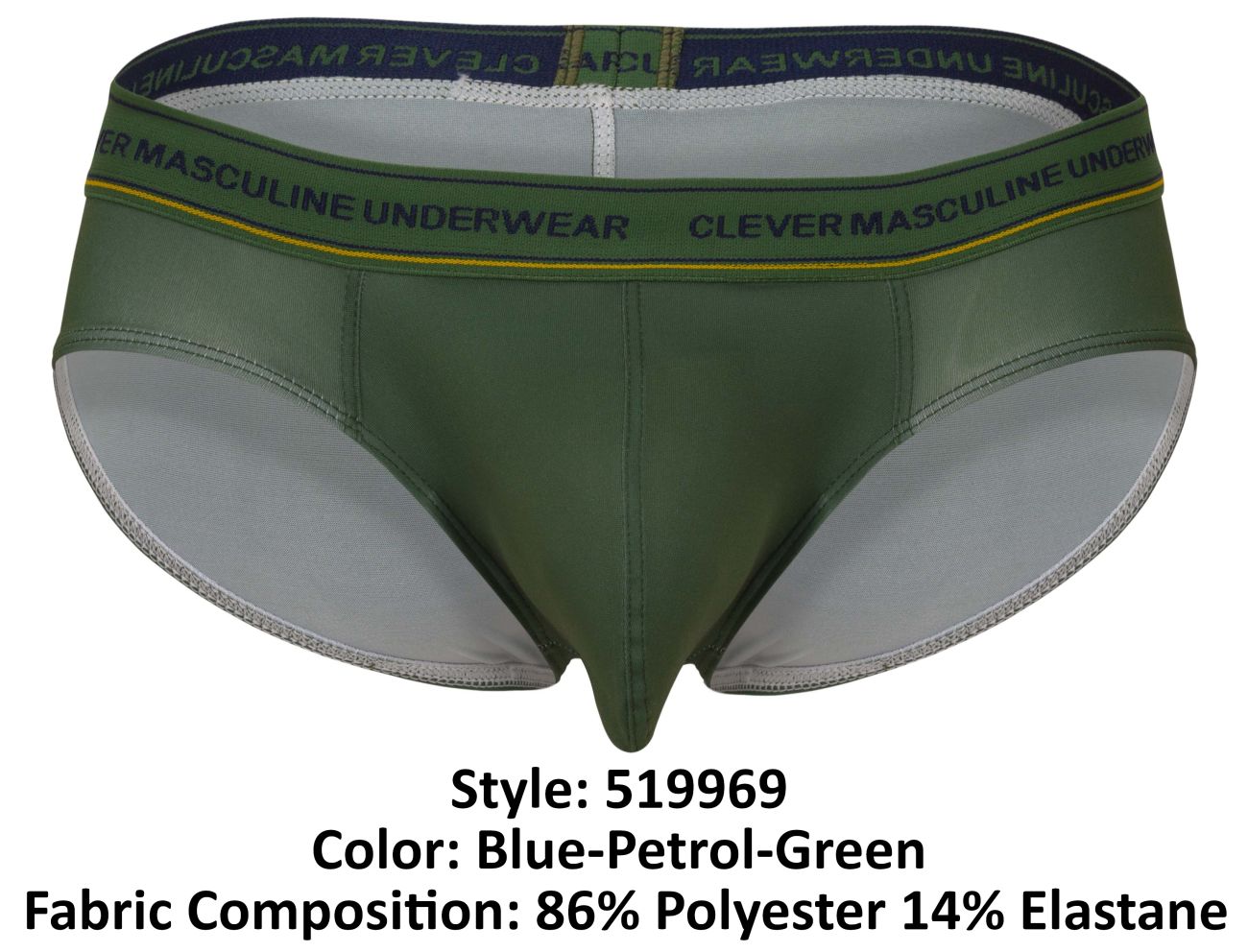 Olive green men’s briefs with navy blue waistband clever masculine underwear text and yellow trim clever 519969 Australian latin briefs