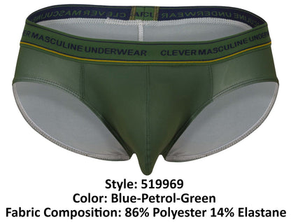 Olive green men’s briefs with navy blue waistband clever masculine underwear text and yellow trim clever 519969 Australian latin briefs