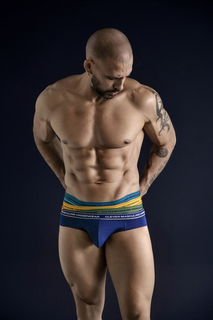 Blue and rainbow-striped men’s briefs from clever 519969 3pk australian latin briefs with clever masculine underwear branding
