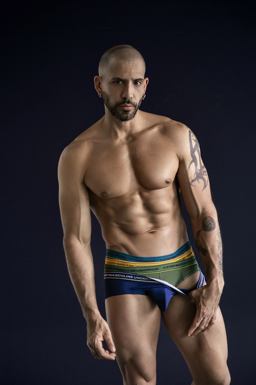 Men’s clever 519969 3pk australian latin briefs with bold multi-colored green yellow blue striped waistband in blue petrol green